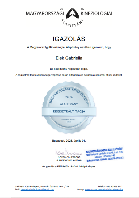 A Magyar Kineziológiai Alapítvány által kiállított regisztrációs igazolás